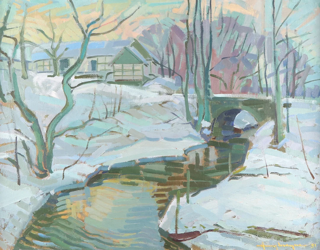 HENRY MAYNE. Oljemålning på duk. Vinterlandskap. Signerad och daterad 51. — Paintings — Skånes Auktionsverk