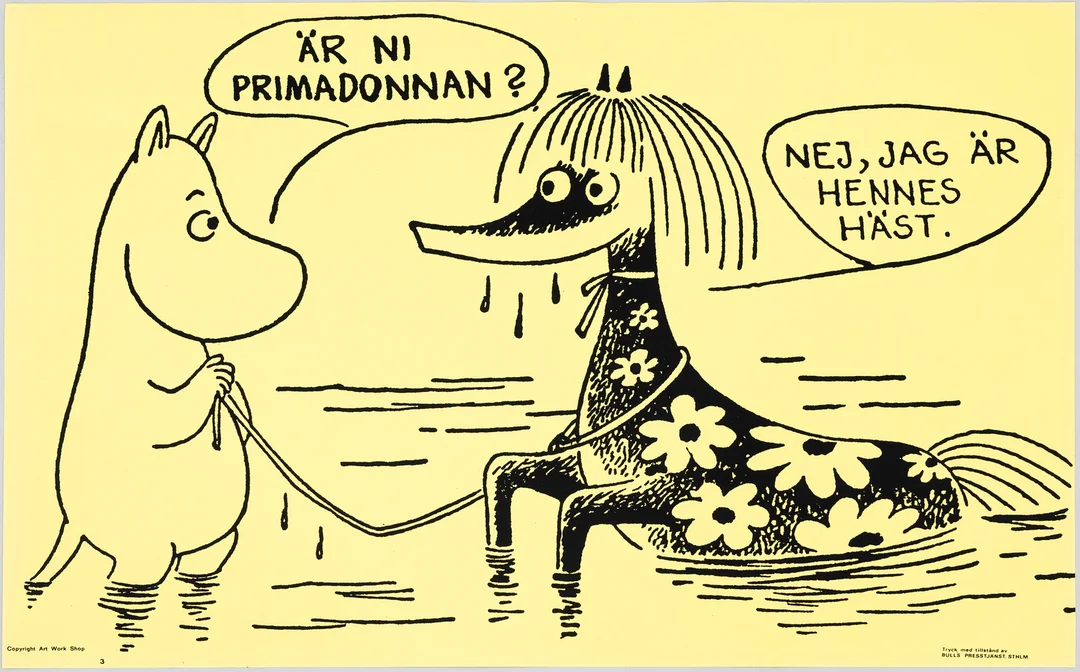TOVE JANSSON. Efter. Mumin, "Är ni primadonnan? Nej, jag är hennes häst", Bull's Presstjänst, nr 3, Art Work Shop, 1960-tal. — Engravings & Prints — Auktionshuset Kolonn