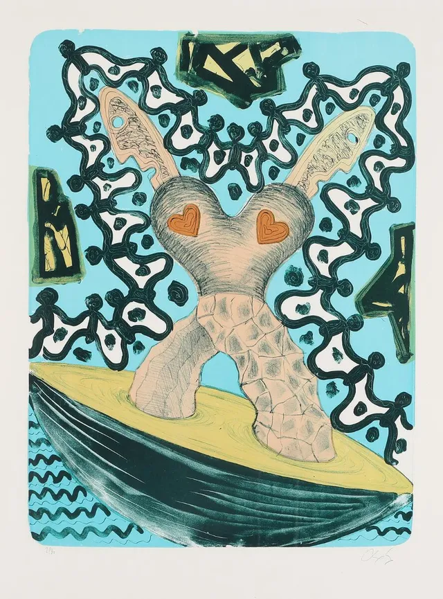 Untitled. Signed Bjørn Nørgaard, 2/80. Lithograph in colous. Sheet size 75 × 55,5 cm.