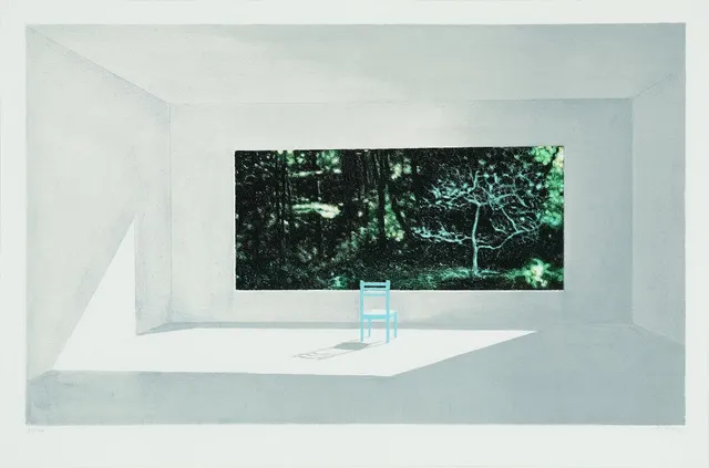 “Det blå træ” (The Blue Tree). Signed Anette Harboe Flensburg, 83/120. Lithograph in colours. Sheet size 60×90 cm.