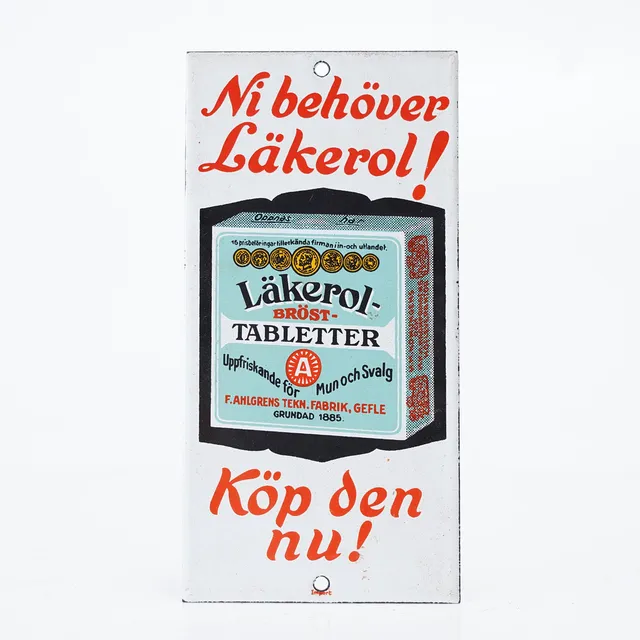LÄKEROL, emaljskylt, 1960/70-tal.