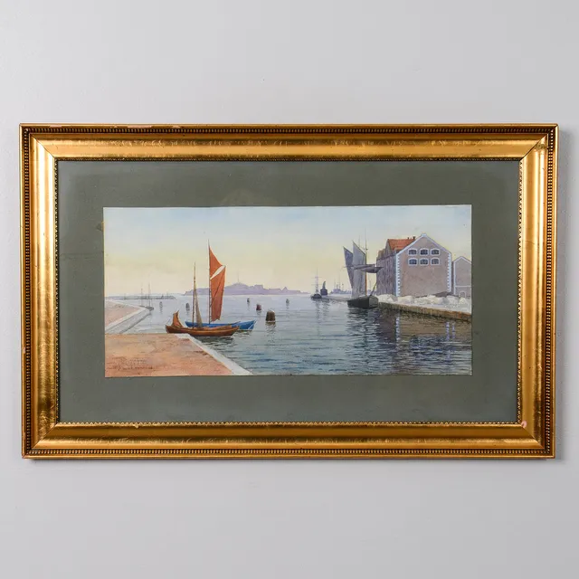 HJALMAR FALK. "Karlshamn 1916", akvarell, signerad.