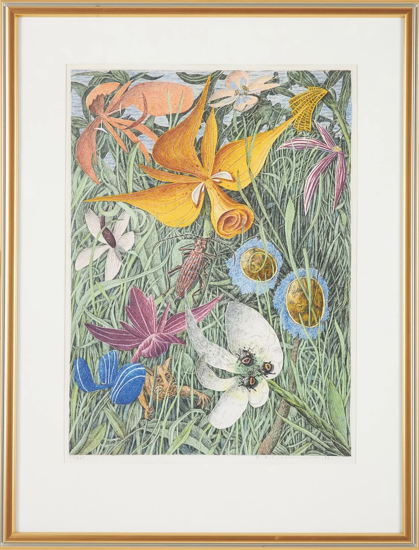KARL AXEL PEHRSON. Komposition med exotiska blommor och djur, färglitografi, signerad, numrerad 339/385, daterad 92. — Engravings & Prints — Stockholms Auktionsverk Sickla
