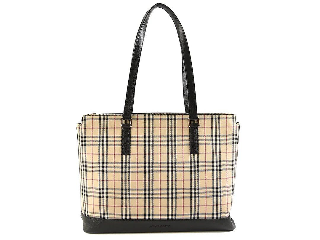 VÄSKA, BURBERRY, rutigt tyg, svart läder, detaljer i vitmetall, 36x28x9cm, visst slitage. — Accessoarer/Väskor — Kaplans