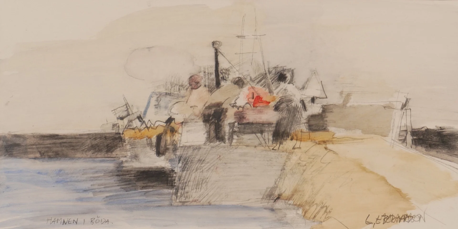 EBBE EBERHARDSON. "Hamnen i Böda", blandteknik, signerad E Eberhardson. — Paintings — Auktionsfirma Kenneth Svensson i Kalmar