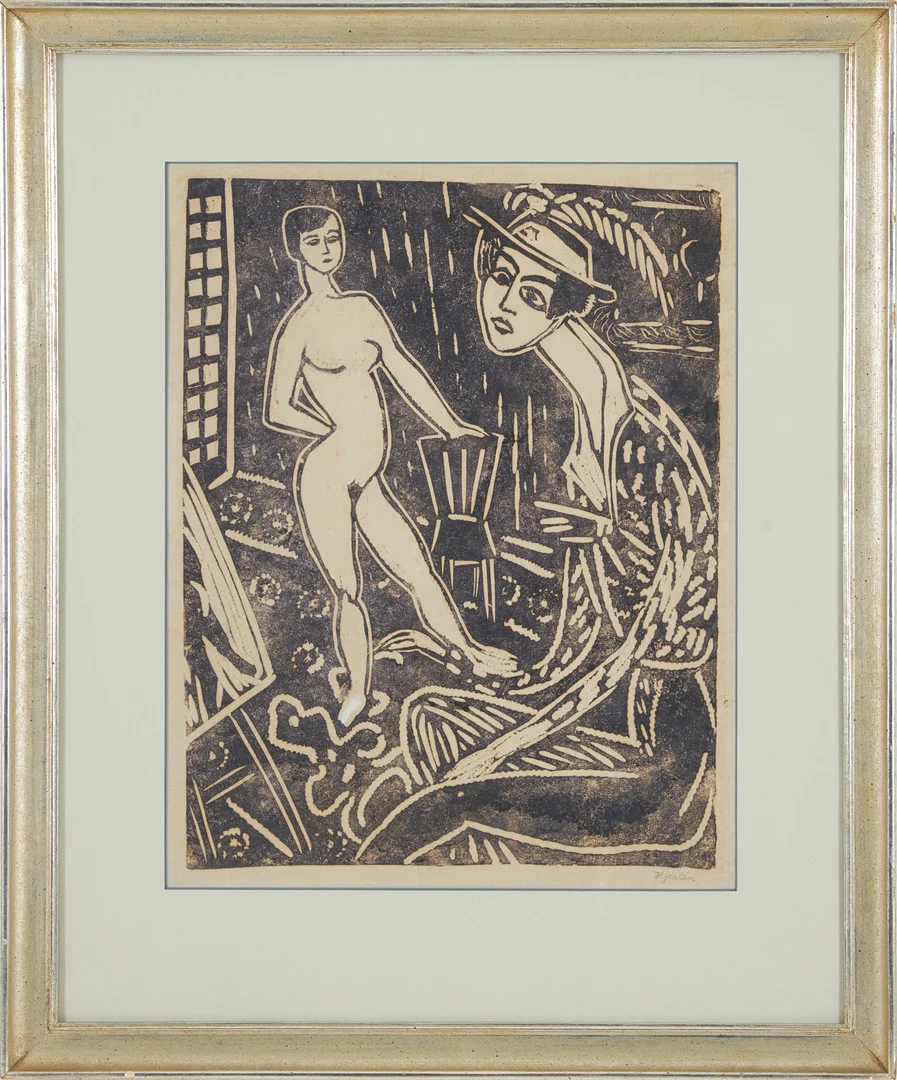 SIGRID HJERTÉN. Målarinnan och modellen, träsnitt, signerad. — Engravings & Prints — Stockholms Auktionsverk Magasin 5