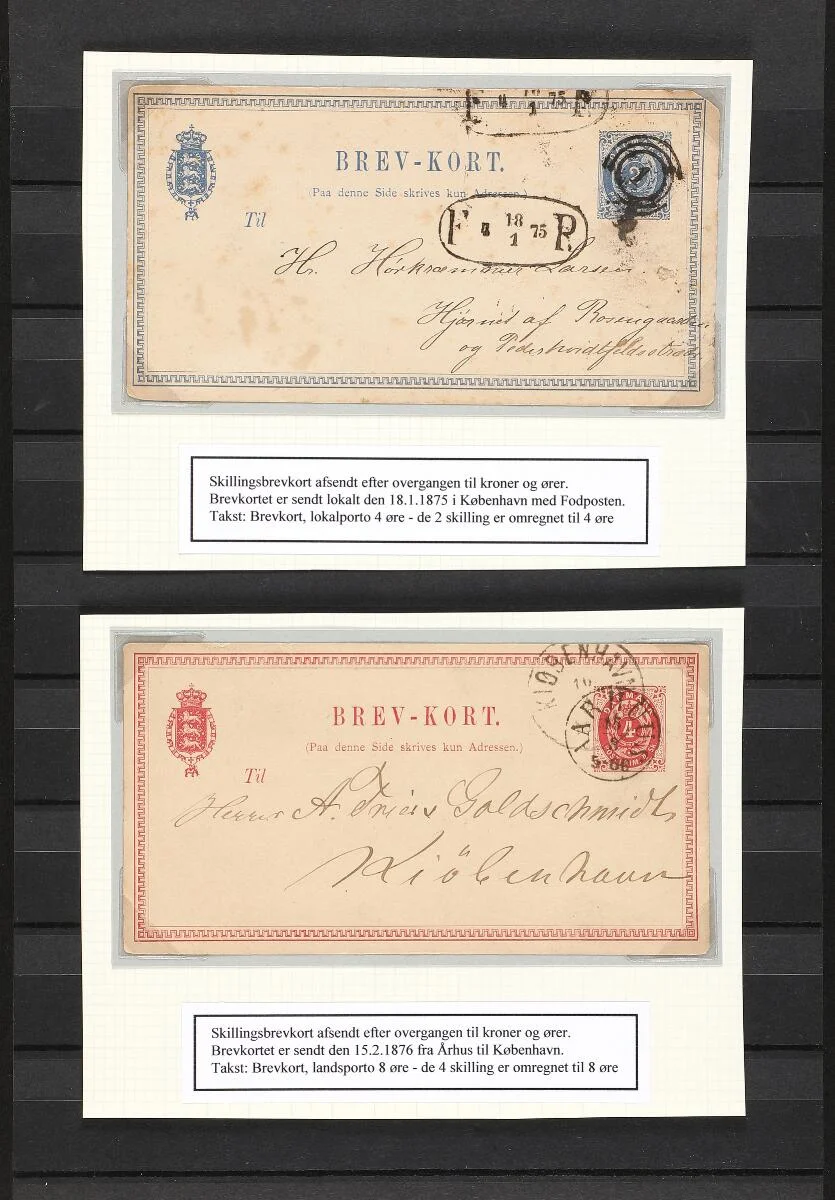 Stationeries. 2 Skilling 1875 and 4 Skilling 1876. 2 postcards sent efter kroner and øre had replaced skilling after the currency reform in January 1875 — Stamps, Covers & Postal History/Denmark/Helsager — Bruun Rasmussen