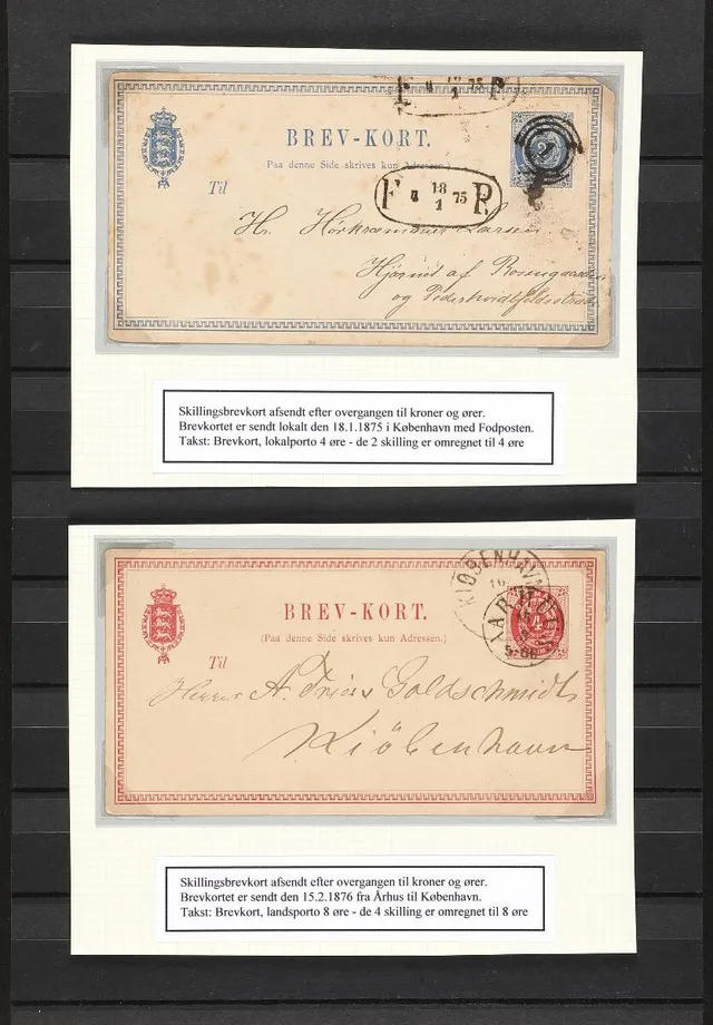 Stationeries. 2 Skilling 1875 and 4 Skilling 1876. 2 postcards sent efter kroner and øre had replaced skilling after the currency reform in January 1875
