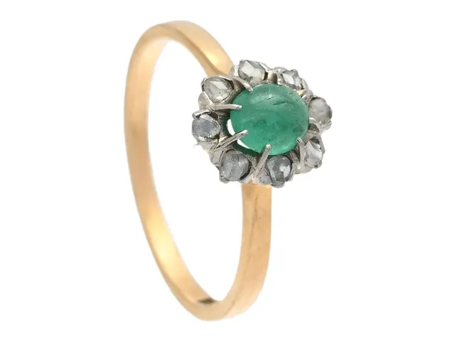 RING, 18K guld, cabochonslipad smaragd, rosenslipade diamanter, stl 17 mm, vikt 2,3 g, smaragd med inneslutningar som når ytan.