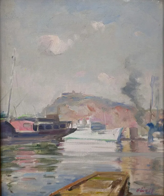 LUIS MARIA GUELL CORTINA. PUERTO DE BARCELONA, ÓLE OSOBRE LIENZO.