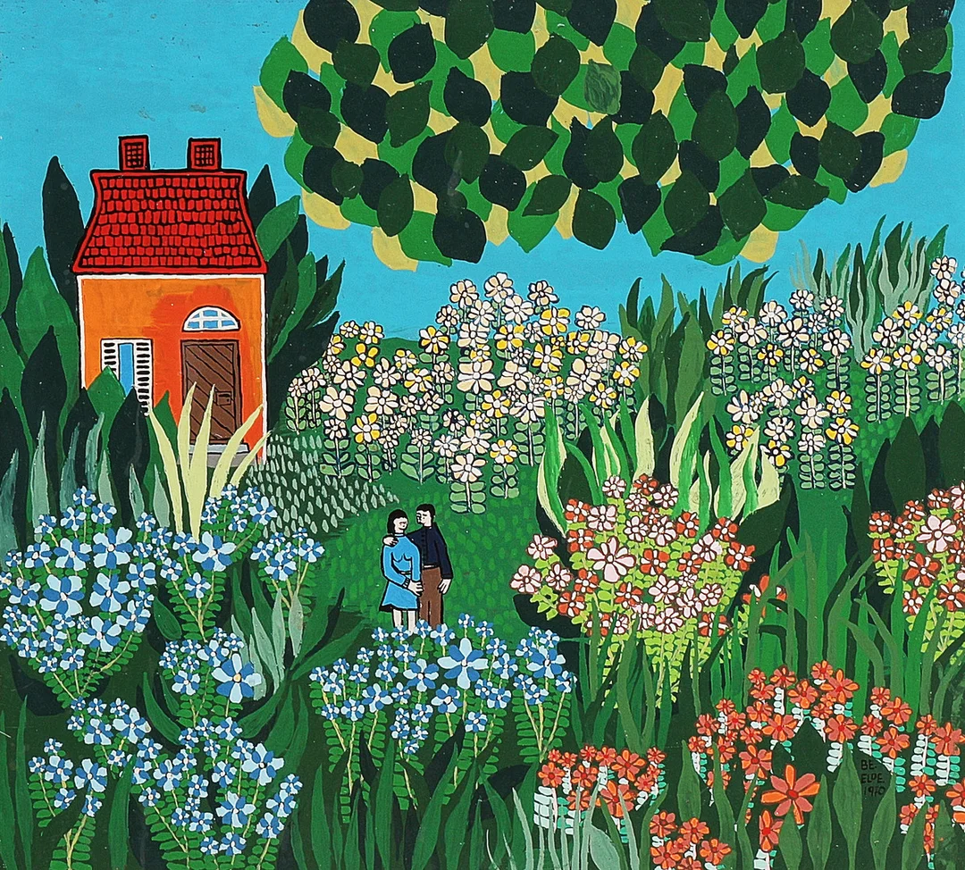 BENGT ELDE. Oljemålning, signerad, daterad 1970, par i blomsterhav, pannå. — Paintings — Metropol Auktioner