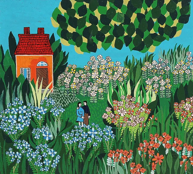 BENGT ELDE. Oljemålning, signerad, daterad 1970, par i blomsterhav, pannå.