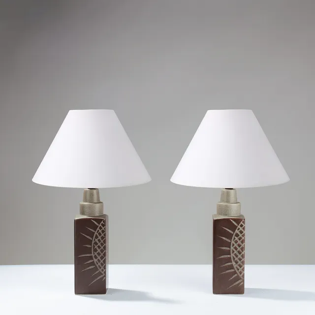 PAIR of ceramic table lamps glazed in blue-grey and brown shades, bodies decorated with abstract reliefs, Danish lamp manufacturer, second half of the 20th century, (2).