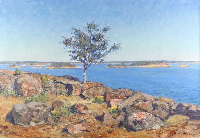 GOTTFRID KALLSTENIUS. Oljemålning på duk. "Högsommar, Smålands skärgård". Signerad och daterad -31.