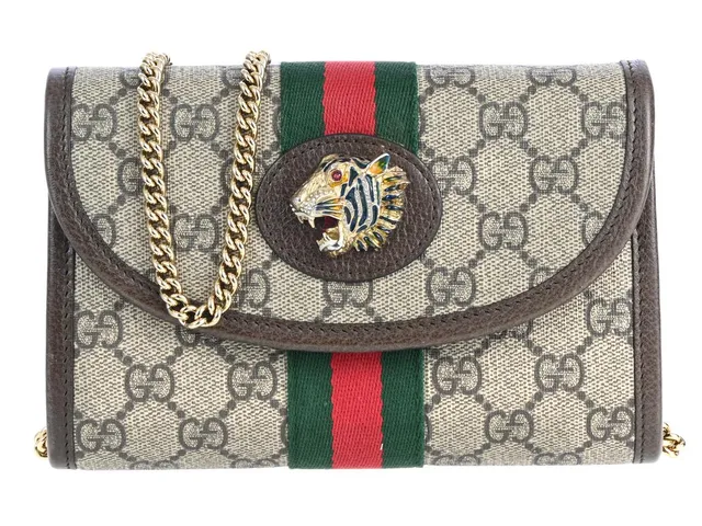 GUCCI, VÄSKA, Mini Rajah Chain Crossbody, GG Supreme canvas, brunt läder, Web röd, grön, guldfärgade beslag, 18x12x4 cm, care booklet, dustbag, originalkartong. Very Good Condition.