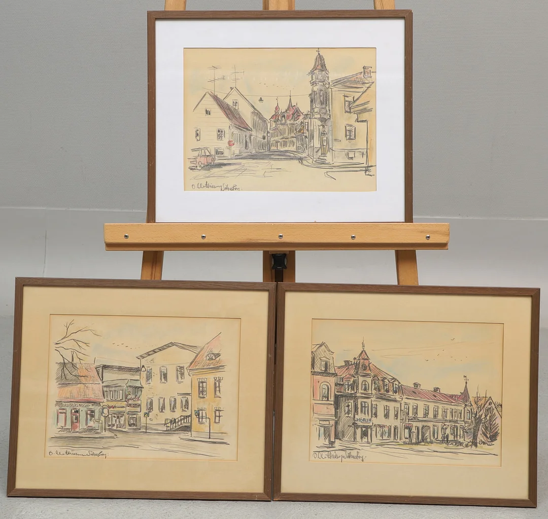 OVE MATHIESEN. Teckningar, 3 st, krita, Sölvesborgsmotiv, signerade. — Drawings — Ekenbergs Auktioner