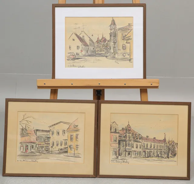 OVE MATHIESEN. Teckningar, 3 st, krita, Sölvesborgsmotiv, signerade.
