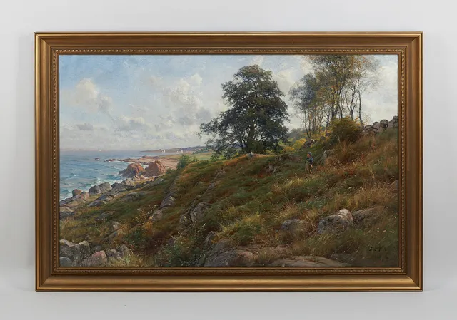 BERNDT LINDHOLM. Pojke blickar ut mot havet (motiv från Skälderviken), signerad samt daterad 1895, olja på duk.