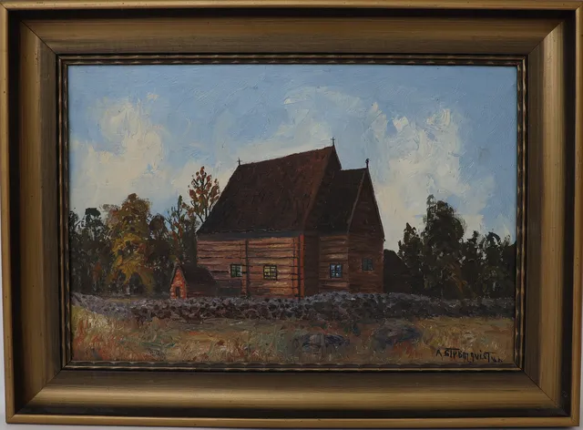 ARVID STRÖMQVIST. Skogsbild med kyrka, oljemålning på duk, signerad och otydligt daterad.