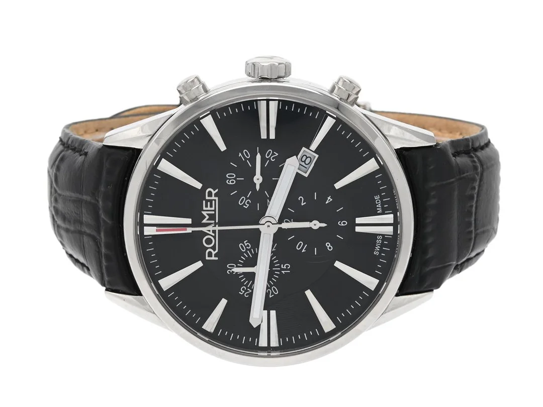 ROAMER, Superior Chrono, Ref nr. 508837.41.55.05, Boett nr. 508 837, kronograf, herrur, 44 mm, stål, quartz, safirglas, datum, läderband, viklås, ca 2015. — Klockor/Roamer — Kaplans