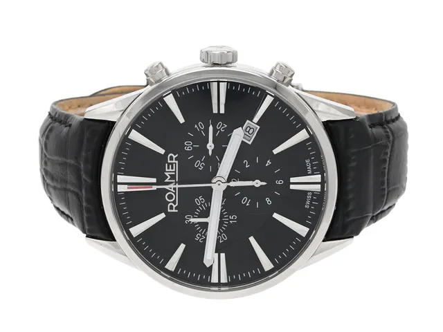 ROAMER, Superior Chrono, Ref nr. 508837.41.55.05, Boett nr. 508 837, kronograf, herrur, 44 mm, stål, quartz, safirglas, datum, läderband, viklås, ca 2015.