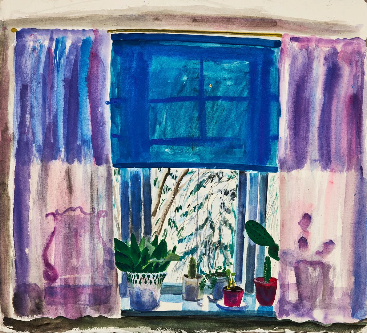 EVY LÅÅS. Interiörbild med blommor och fönster, akvarell, osignerade men á tergo med stämpel från konstnärens kvarlåtenskap. — Paintings — Stockholms Auktionsverk Sickla
