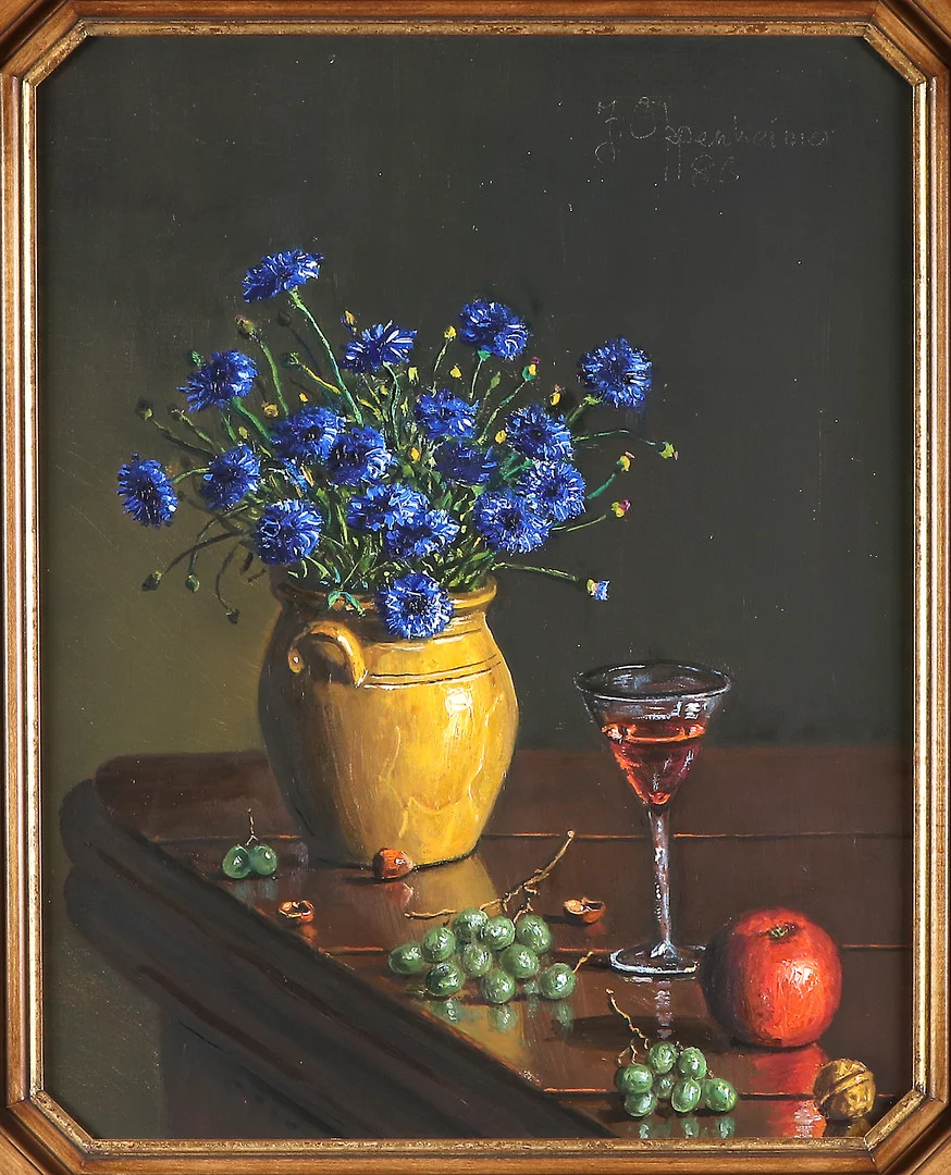 JOHNNY OPPENHEIMER. Oljemålning på duk. Stilleben med blommor i krus. Signerad. — Paintings — Skånes Auktionsverk