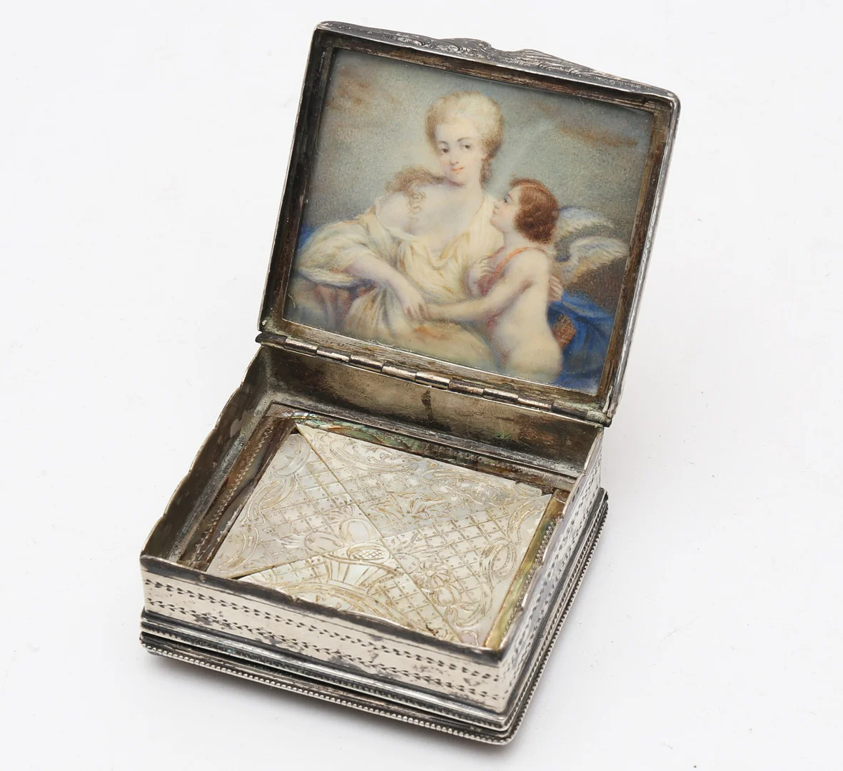 French double snuff box in silver with engraved mother-of-pearl plaques, 18th Century. — Silver — Balclis
