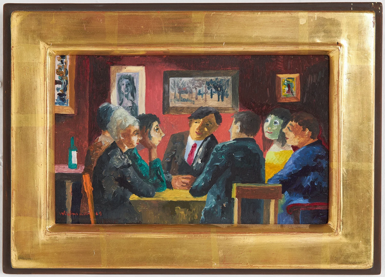 HARRY WICHMANN. "Hemma hos Bengtssons", olja på pannå, signerad Wichmann, daterad 69. — Paintings — Stockholms Auktionsverk Sickla