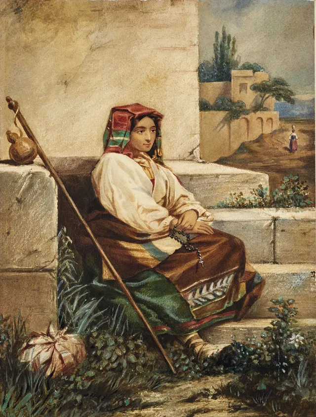 OKÄND KONSTNÄR, Italiensk bondflicka, gouache och akvarell, omkring 1800-talets mitt.