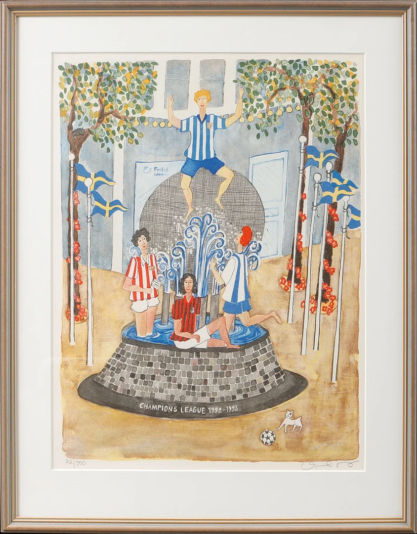 MARIKA LANG. Champions League, färglitografi, signerad och numrerad 22/350. — Engravings & Prints — Göteborgs Auktionsverk