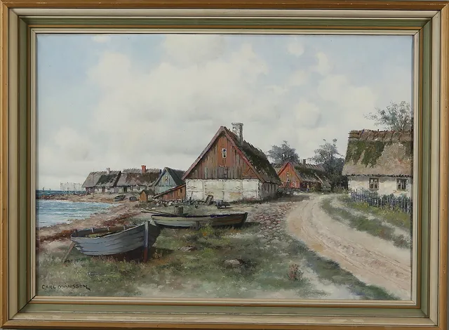 CARL MÅNSSON. Fiskeläge, olja på duk, signerad.