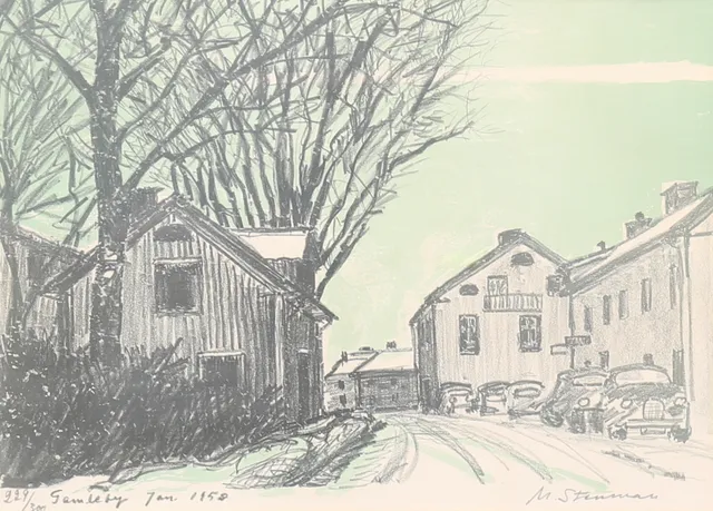 MARTIN STENMAN. Motiv från Gamleby. Färglitografi, signerad och numrerad 229/300, daterad 1958.