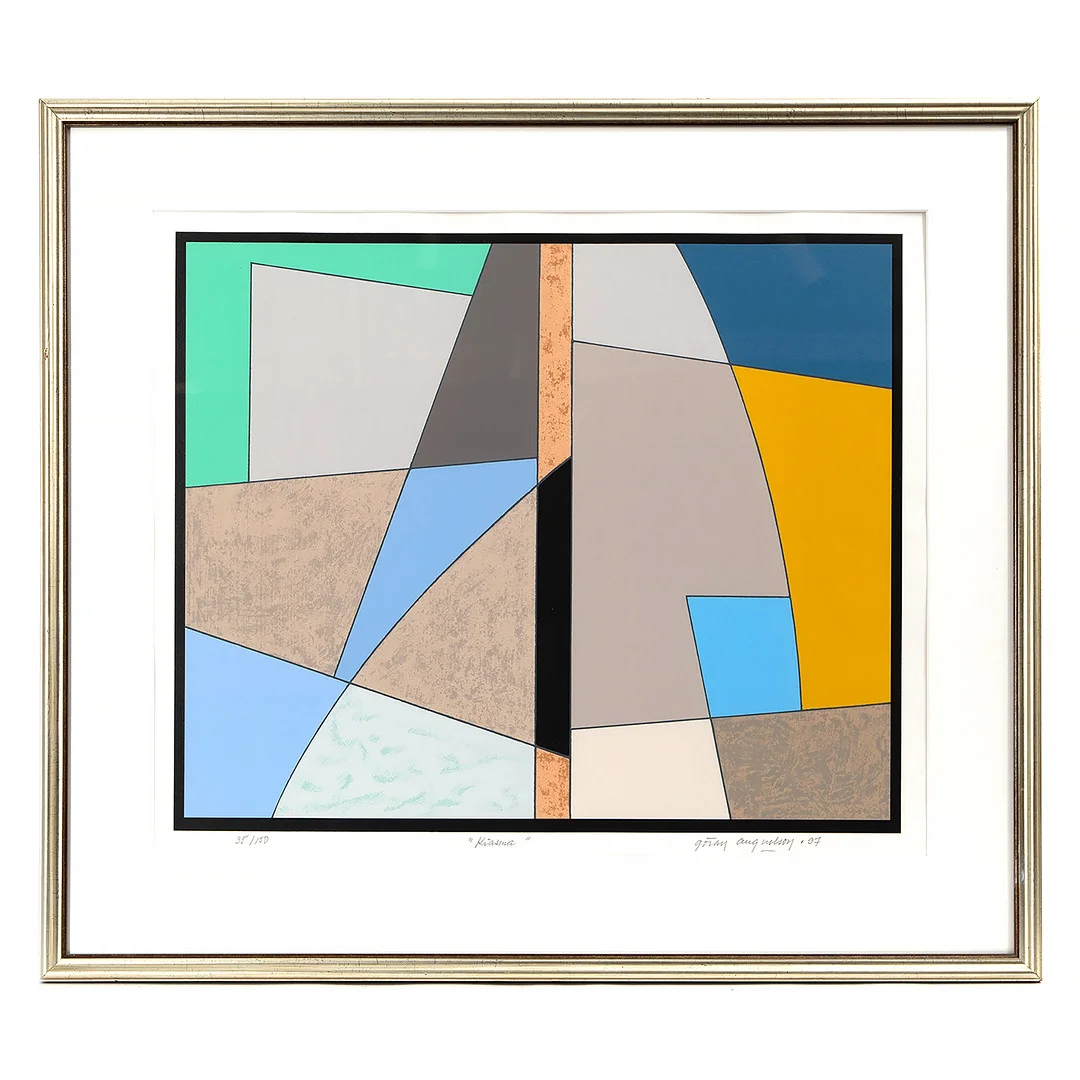 GÖRAN AUGUSTSON. Färgserigrafi, "Kiasma", signerad, numrerad 35/150 och daterad -97. — Engravings & Prints — Stockholms Auktionsverk Göteborg