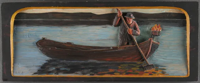 HAMPE SVANBERG. "Ålfiske", bemålat skuret trä, monogramsignerad.