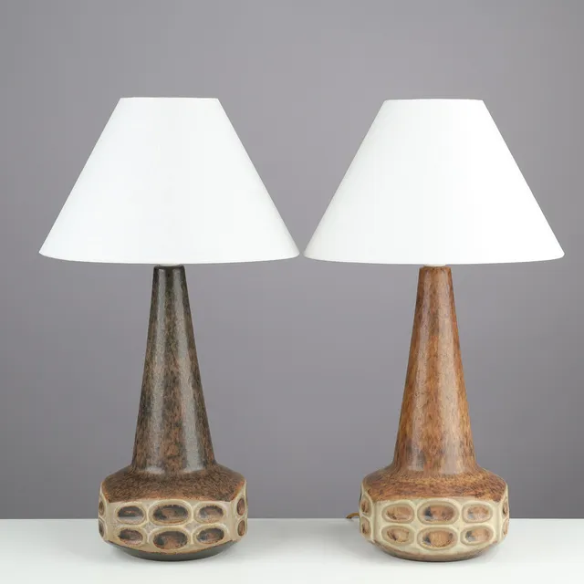 MARIANNE STARCK (1931-2007). A pair of brown-glazed stoneware table lamps with oval reliefs, model no. 6208, Michael Andersen & Son, Bornholm, Denmark, 1950/60s, (2).
