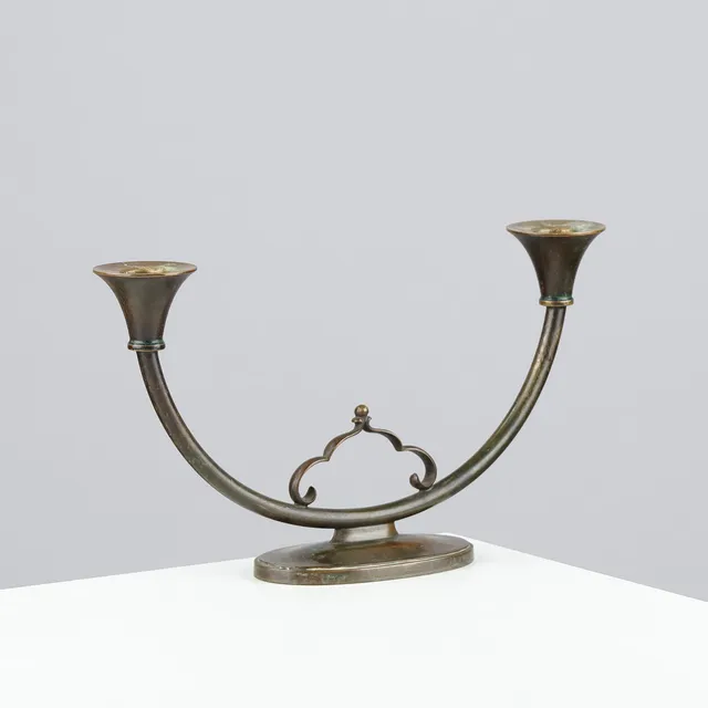 JUST ANDERSEN (1884-1943). Two-armed light bronze candelabra, model no. 1475, Denmark, Nordic Art Deco, 1930s.