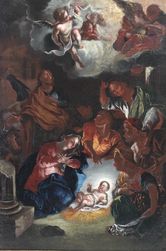 ESCUELA ESPAÑOLA SIGLO XVIII. ADORACIÓN DEL NIÑO JESÚS, ÓLEO SOBRE LIENZO.