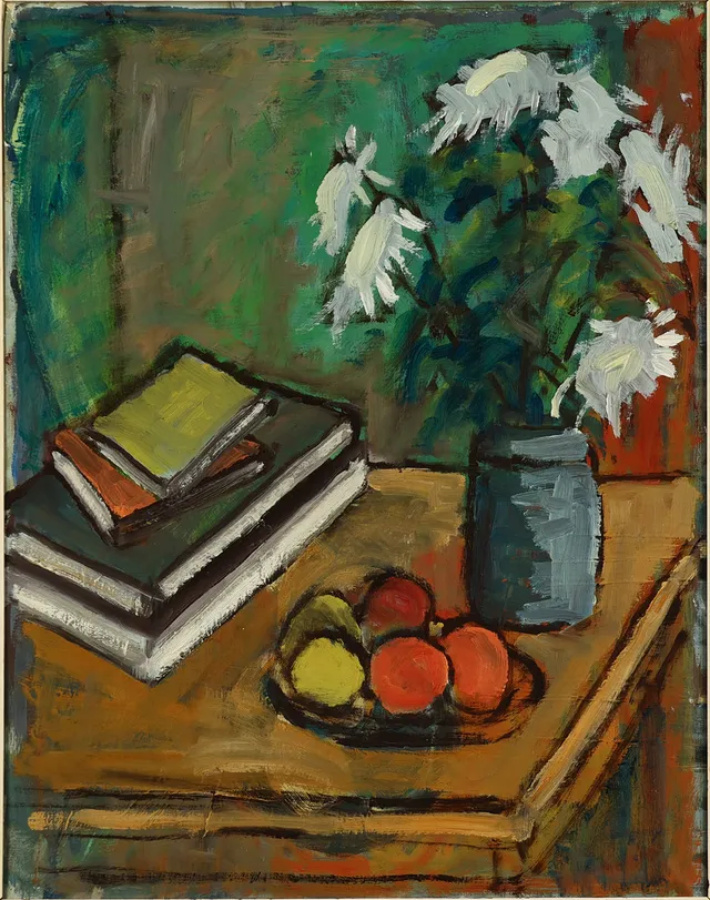 UBEKENDT KUNSTNER. Stilleben med frugt, blomstervase og bøger, olie på lærred, usigneret, 1950-60'erne.