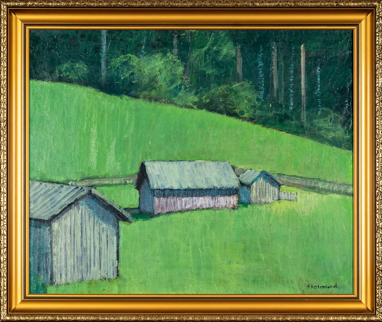 HELGE HOLMLUND. Olja på duk, "Lador nr5", Signerad. — Paintings — Norrlands Auktionsverk