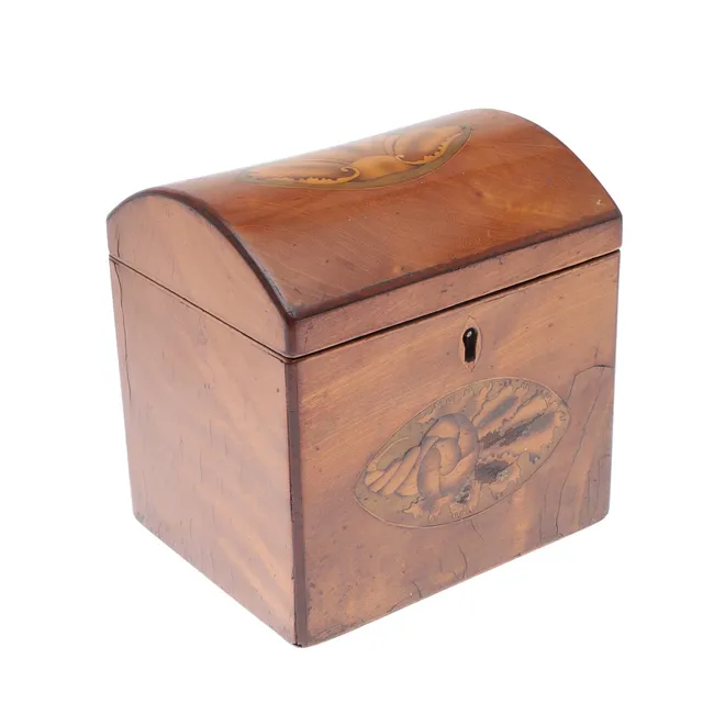 A GEORGE III SATINWOOD TEA CADDY.