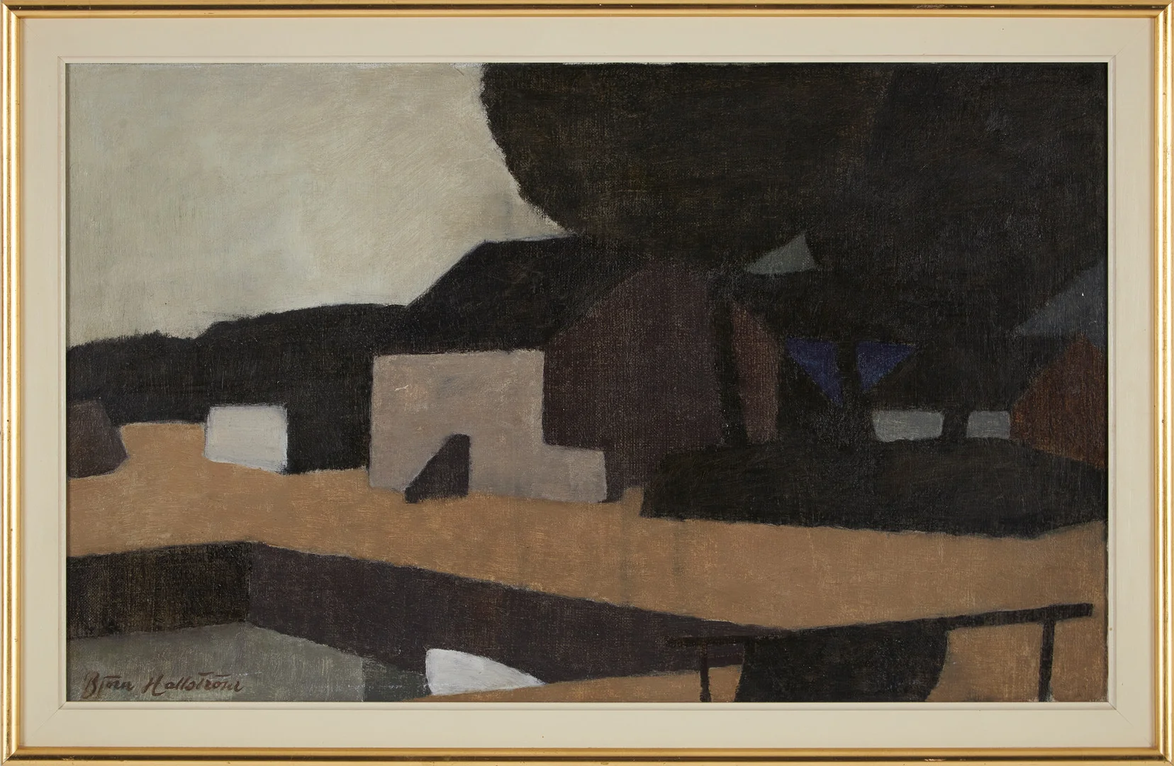 BJÖRN HALLSTRÖM. Motiv med kubistiska hus, ''Byn I Kvällsljus'', olja på pannå, signerad, daterad 1955. — Paintings — Stockholms Auktionsverk Magasin 5