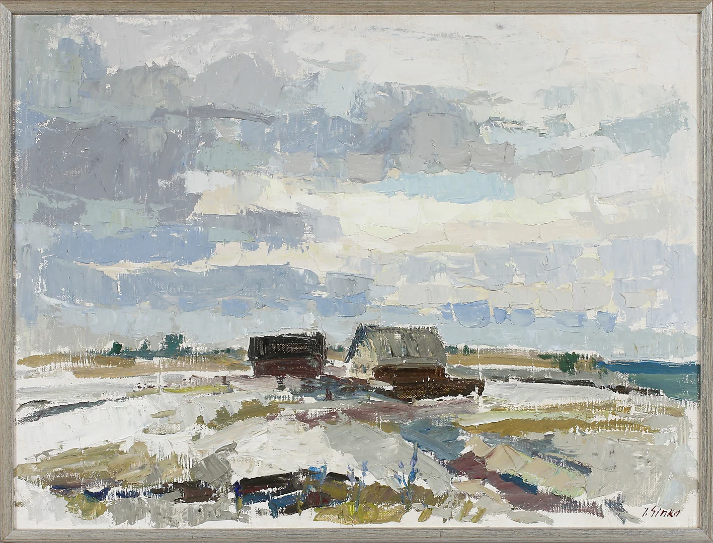 IMANTS SINKA. "Sjöbodar, Öland" Olja på duk, signerad I. Sinka. — Paintings — Göteborgs Auktionsverk