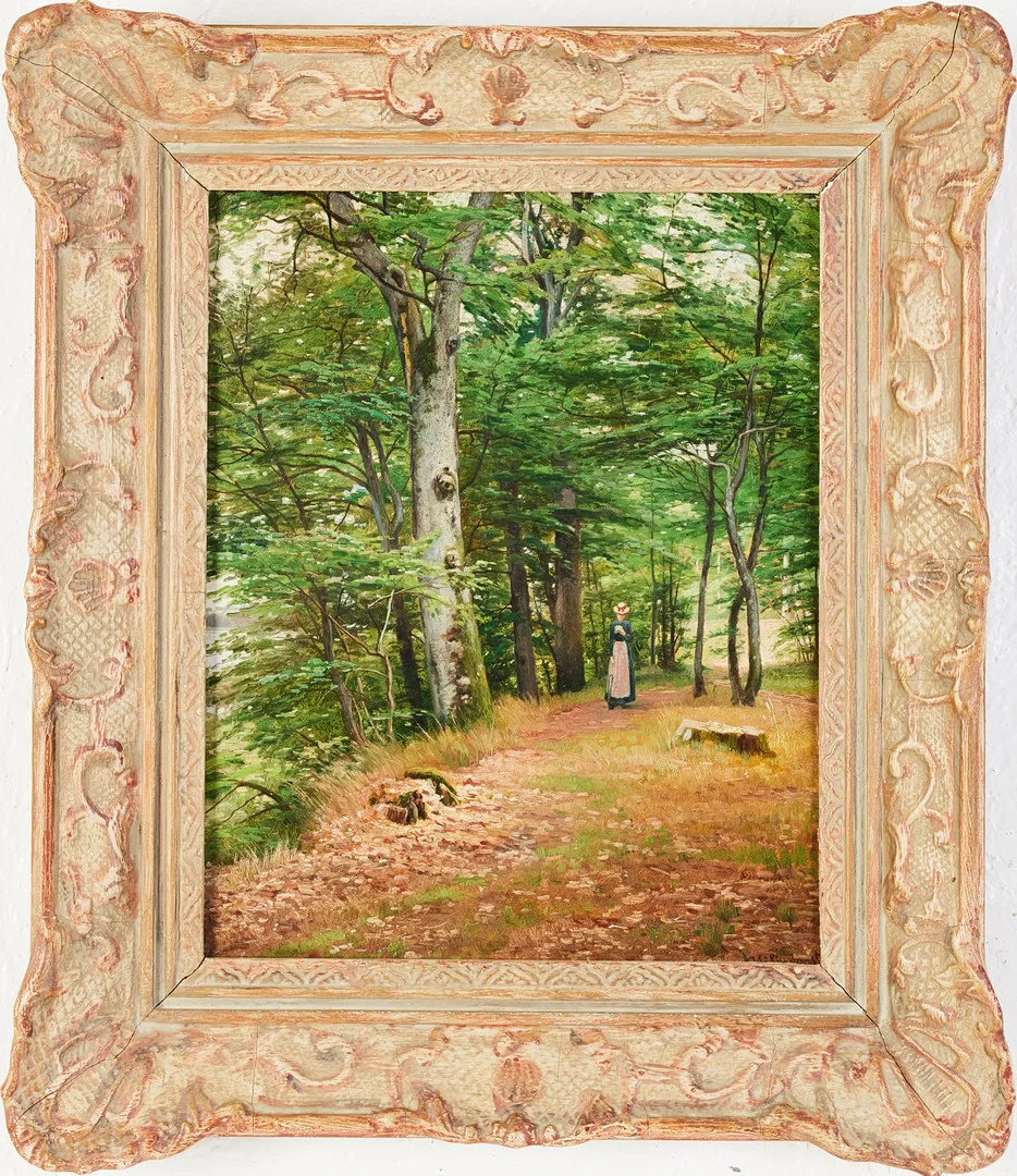AXEL HJALMAR LINDQVIST (1843-1917). Kvinna på promenad i skogen, olja på pannå, signerad AH Lindqvist. — Paintings — Stockholms Auktionsverk Magasin 5