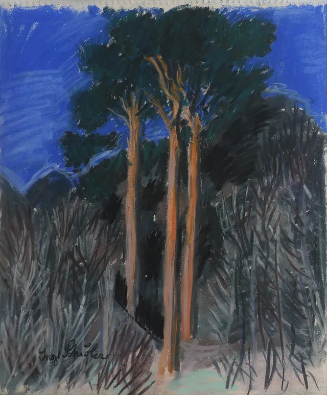 INGE SCHIÖLER. GOUACHE PÅ PAPPER, SKOGSPARTI, SIGNERAD.