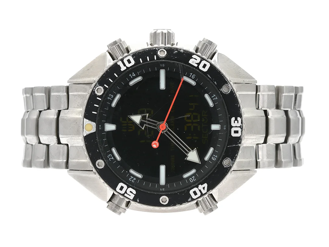 SECTOR, Dive Master, Boett nr. 3253967015, herrur, 47 mm, analog/digital, stål, quartz, mineralglas, skadad urtavla, originallänk, viklås, ca 2006, box. — Klockor/Sector — Kaplans