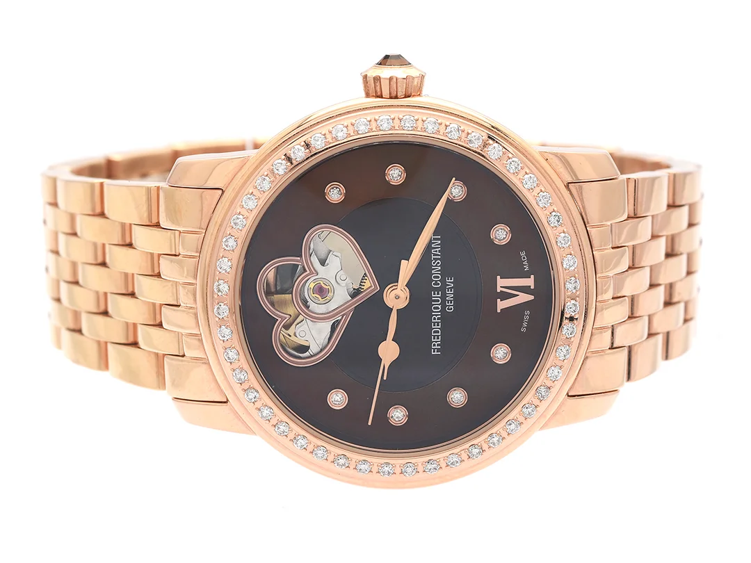 FREDRIQUE CONSTANT, Geneve, Heart Beat, Cal SW 200-1, Serie nr. 1915461, Ref nr. FC-310CDHB2PD4, Boett nr. FC-303/310X2P4/5/6, damur, 35 mm, doublé, automatisk, safirglas, pärlemorurtavla med diamanter (8 st. 8/8), semiskeletterad urtavla, diamantkrans (48 st. W/VS, ca 0,48 ctv), glasbaksida, originallänk, viklås, cert, augusti 2013, box, ytterkartong. — Klockor/Frederique Constant — Kaplans