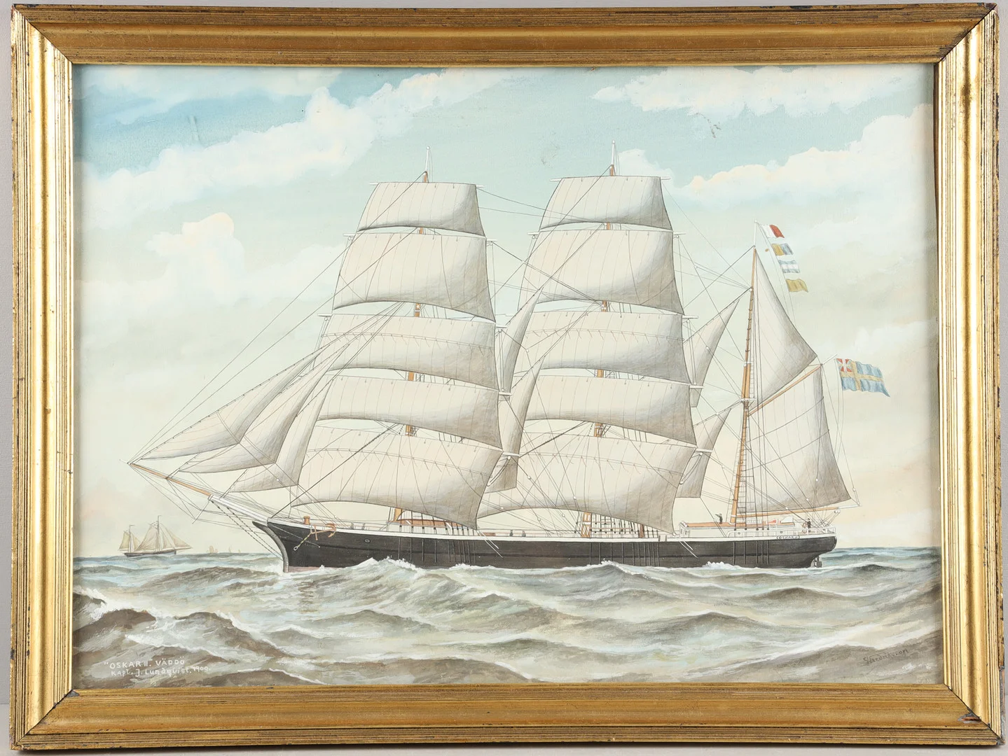 GUSTAF FREDRIKSSON (SVERIGE, 1901-1982). "Oskar II", Väddö, Kapt. J.Lundquist, 1900, akvarell. — Paintings — Stockholms Auktionsverk Helsingborg