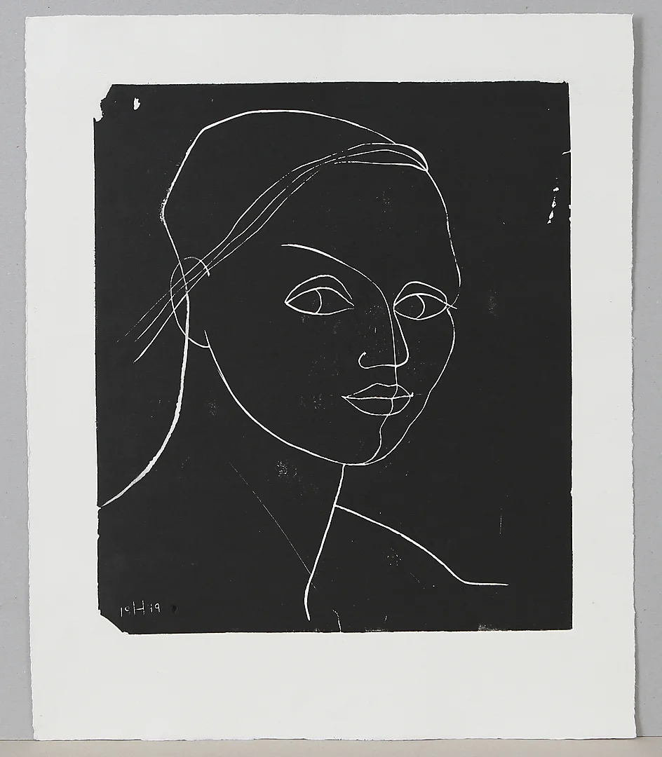 HERTHA HILLFON. Linoliumtryck, Självporträtt i svart och vitt, signerat H samt daterat 1949 i trycket. — Engravings & Prints — Auktionshuset Kolonn