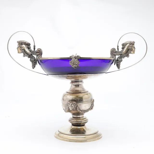 Centrepiece in silvery metal and cobalt blue glass, 20th Century.